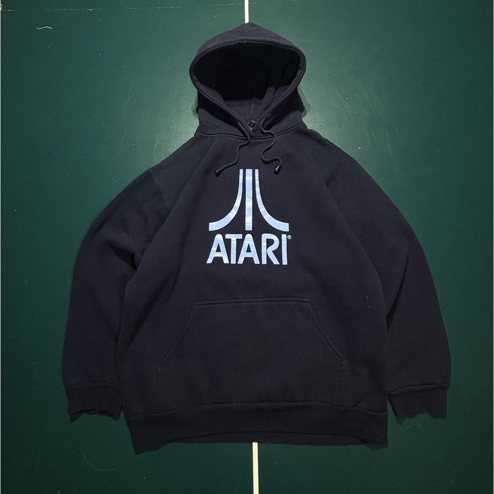 Vintage 00s Atari Big Logo Hoodie‎ Sweatshirt Navy Blue Mens Size XL Y2K Gaming